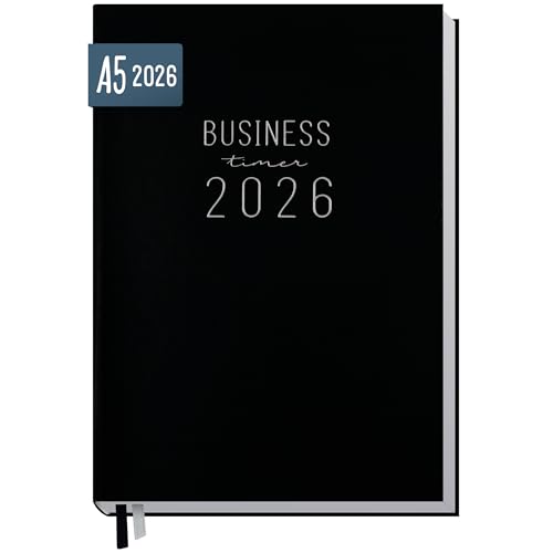 Häfft Business-Timer 2026 A5 Schwarz 1 Woche 2 Seiten Buchkalender mit Kunstleder-Einband Terminplaner im Halb-Stunden-Takt - nachhaltig & klimafreundlich