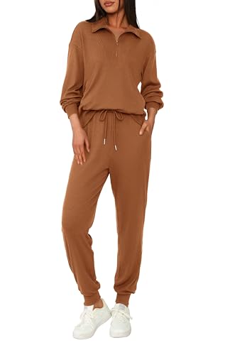 BTFBM Women's 2 Piece Tracksuit Fall Outfits 2025 Long Sleeve Half Zip Sweatshirt Sweatpants Lounge Set Sweatsuits(Solid Dark Khaki,Large)