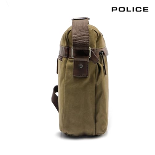 Image of Police Premium Messenger Bag for Men | Separate Laptop Compartment with Multiple Utility Pockets | Durable Canvas & Leather Trim | Adjustable Shoulder Strap | Olive Green