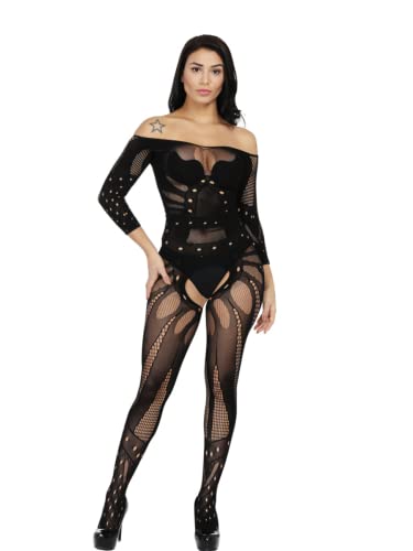 Macacao Manga Longa Detalhado Body Feminino Sensual Lingerie Sexy Conjunto Luxo Renda Arrastão (Pret