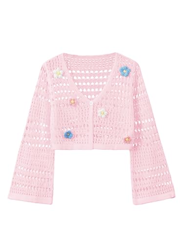 Verdusa Girl's 3D Floral Applique Long Sleeve Hollow Out Knitted Button Up Cardigan