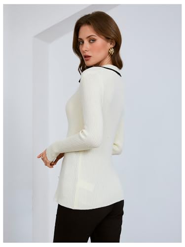 Image of Verdusa Women's Ribbed Knit Button Down Cardigan Collared Fitted Elegant Sweater Outerwear White Medium