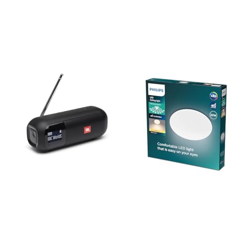 JBL Tuner 2 Radiorekorder in Schwarz – Tragbarer Bluetooth Lautsprecher mit MP3 & Philips LED Moire Deckenleuchte, 17W, 1700lm, kühlweißes Licht (4000K), Nickel