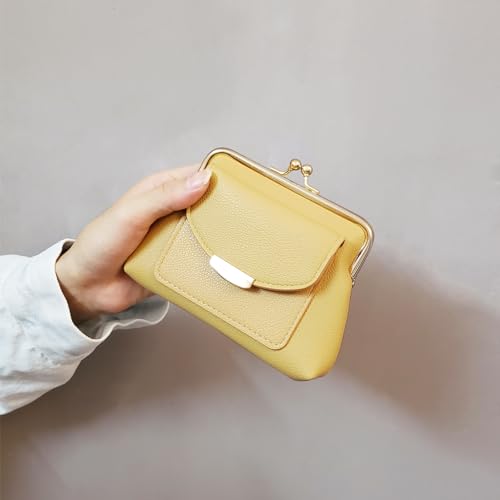 Genuine Leather Kiss Lock Coin Purse for Women with Credit Card Slot Large Capacity Blue (Yellow)3