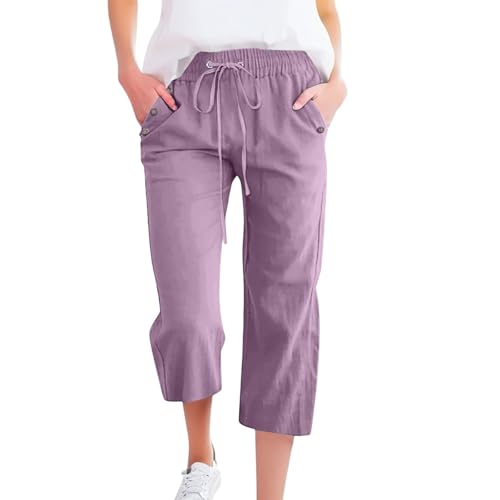 Linen Capri Pants for Women Casual Summer High Waisted Wide Leg Pants Lightweight Flare Beach Pant with Pockets