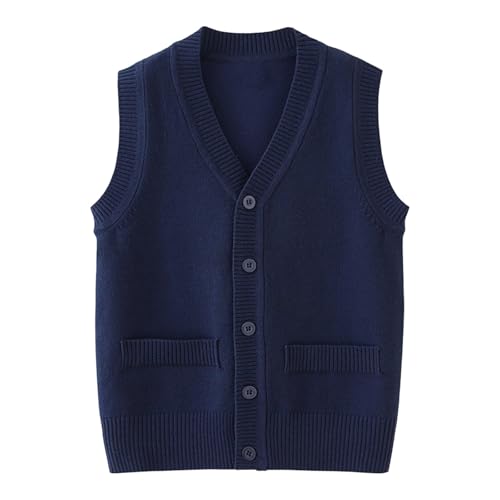 Boys Girls School Uniform Sweater Vest Back to School V Neck Sleeveless Ribbed Sweaters Cardigan Button Down Solid Knit(Dark Blue, 11-12 Years)