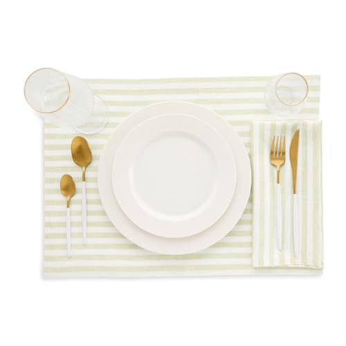 Image of Solino Home 100% Linen Placemats, 14 x 19 in, Sage, Amalfi Stripe, Set of 4