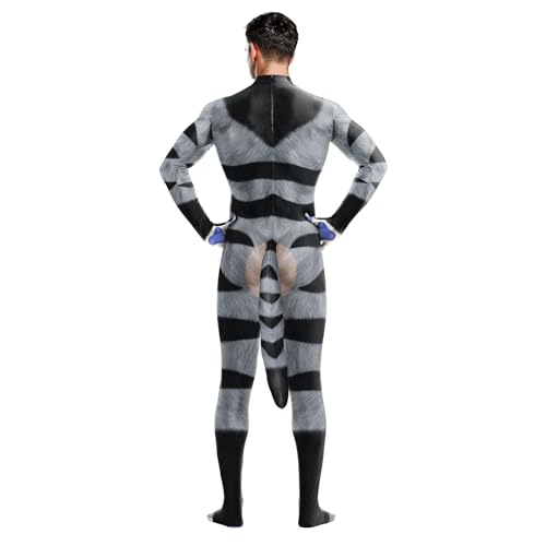 Image of Animal Full Bodysuit for Men Muscle Spandex Jumpsuit Furry Costume with Big Tail for Adult Cosplay Halloween Party