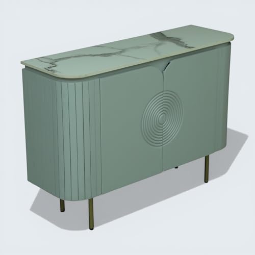 Image of Solid Wood Mandala Sideboard Cabinet with Sintered Stone Top for Living Room | Premium Acrylic Silver Grey Finish | 119.8cm W x 39.8cm D x 85cm H