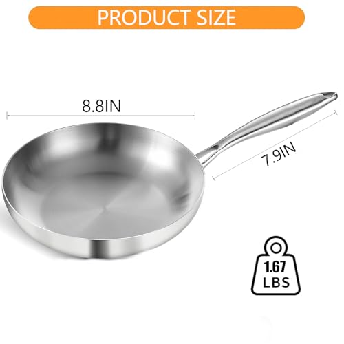 DELARLO Whole body Tri-Ply Stainless Steel 8inch Small Frying Pan, Chef's Pans Oven safe induction kitchen skillet,Suitable for All Stove (Detachable Handle)