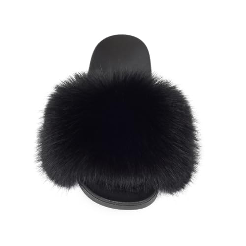 Image of Women's Faux Fur Slides Slippers Fluffy Fuzzy Sandals Open Toe Furry Slide Flip Flop Indoor Outdoor