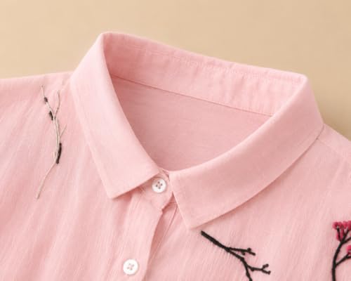 Image of Gufrina Women Designer Botanical Embroidered Korean Style Shirt | Button Down Relaxed Fit | High Low Hem Three Quarter Sleeve | Casual Smart Top-Shirt