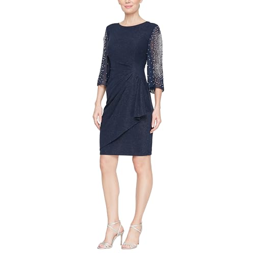 Image of Alex Evenings Women's Short Sheath Metallic Cocktail Dress w /Embellished Sleeves & Cascade Ruffle (Petite and Regular Sizes)