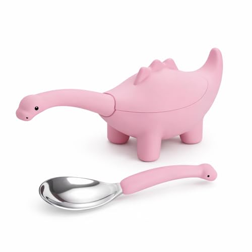 Image of Silicone Spoon for Baby, Pink Baby Feeding Spoon, Silicone Kids Spoon with Dinosaur Case, 1 Pc, Travel Friendly Mealtime Utensil, Daily Feeding Essential