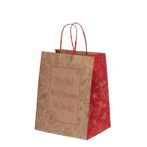 LC, SACOLA LC FELIZ NAVIDAD PRESENTE PAPEL KRAFT NATURAL ALÇA COLORIDO 10UN 20X15X25 Cor:Colorido