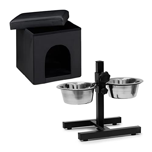 Relaxdays 2 teiliges Hunde Set XL, Hundebox Sitzhocker, Tierhöhle, Hundebett schwarz, Doppelnapf höhenverstellbar, Futterstation