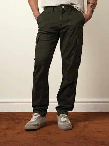 Image of Vogaan Men Solid Relaxed Fit Cotton Blend Cargo Trousers with Utility Pocket