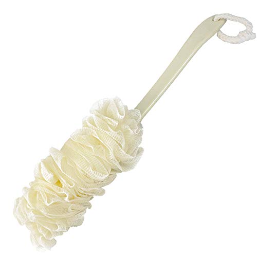 RASDDER Long Handle Scrubber After Shower, Soft Nylon Loofah Mesh Bath Brush, Shower Gel Foaming Net Cleaning Brush, Back Bath Sponge for Men and Women, Bathroom accessories (white)