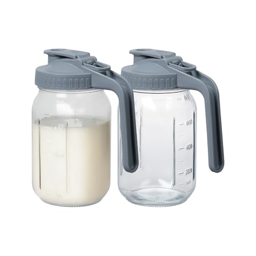 Image of Novelinks 32OZ Glass Pitcher with Lid, Wide Mouth Mason Jar Pitcher, Leak-proof Water Jug for Juice, Milk,iced Coffee Lemonade Tea,2 Pack