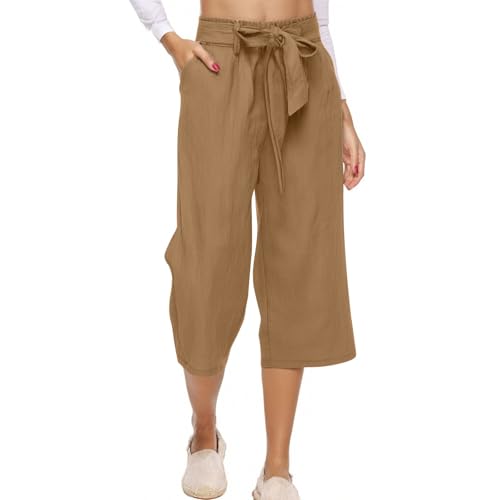 Capri Pants for Women Plus Size Linen Gaucho Pants with Knot Tie Casual Summer Crop Wide Leg Trousers Beach Outfits3