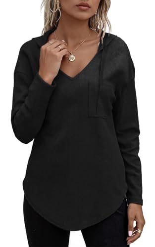 Joligiao Sudaderas Mujer con Capucha Hoodie de Manga Larga Moda Cuello V Sudadera con Bolsillo y Cordón Casual Deportiva Ropa Sweatshirt para Otoño Invierno Camisetas Manga Larga(Negro,M)