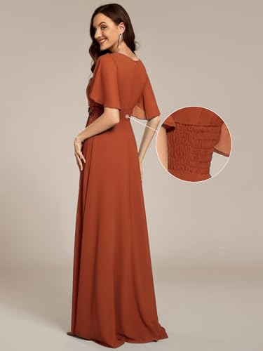 Image of Ever-Pretty Women's Classic Round Neck Pleated Short Sleeves Chiffon Appliques Floor Length A Line Formal Evening Dresses