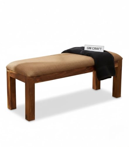 Image of Sheesham Wooden Bench for Living Room with Cushion Seating - Dining Bench for Sitting - 3 Seater Upholstered Benches for Home & Office Indoor /Outdoor Table for Balcony (Design 11)