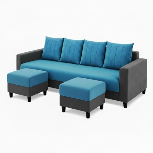Image of Strikon Plush 6 Seater L Shape Sofa Set with 2 Movable Ottoman | Flexible Layout |Silken Velvet Suede | Designer Sofa for Living Rooms & Office Spaces (Dark Grey & Aqua Blue)
