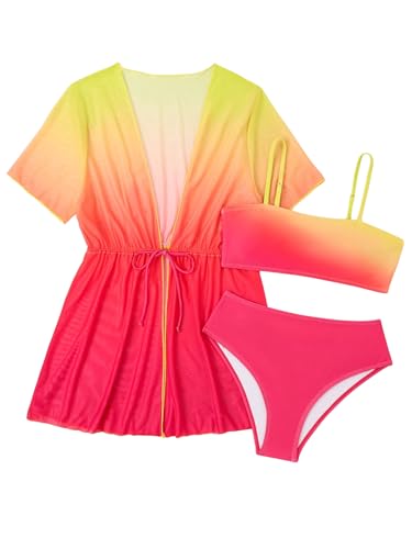 OYOANGLE Girl's 3 Piece Bikini Sets Ombre High Waist Bikini Bathing Suit with Kimono Swimwear
