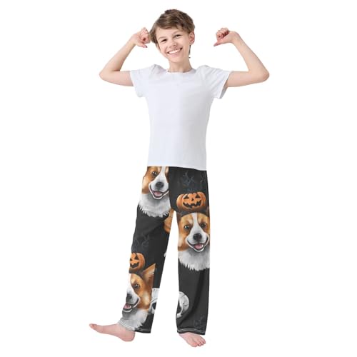Corgi Dog Pumpkin Skull Boys Long Pants Soft Trousers Elastic Waist Kids Lounge Bottoms with Pockets S-XL3