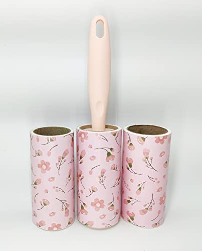 Image of House of Quirk Lint Rollers Brush Reusable Sticky Picker Cleaner Roller Easy-Tear Sheets Pet Hair Lint Roller 10cm Sheet Set of 3 Rolls 180 Sheets, 60 Sheets Each roll - Pink Flower