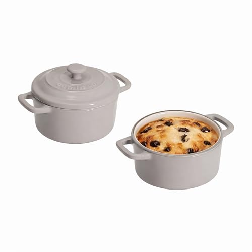 Image of CUMIN CO. Ceramic Mini Cocottes | Set of 2 | Non Toxic Bakeware | Enamel Coated Mini Pot for Lava Cake | Free Accessories | Induction, Micro & Oven Safe | Grey