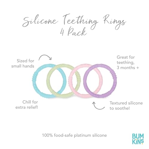 Image of Bumkins Baby Teething Freezer Toy Keys Rings, Soft Flexible Pacifier to Chew, Cool Teether Gum Relief, Babies 3 Months, Freezable, Platinum Cured Silicone, Sensory Bracelet, 4-pk Pastels