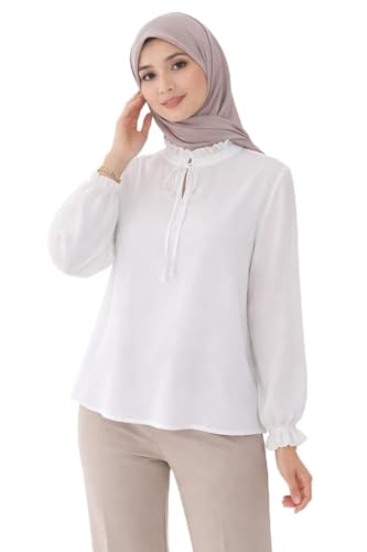 Women's Long Sleeve Chiffon Blouse, White, Ruffle Collar wit...