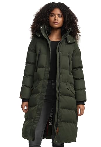 MARIKOO lange Damen Winterjacke warmer Parka gesteppt mit Kapuze B890 [B890-Schneestern-Olive-Gr.M]