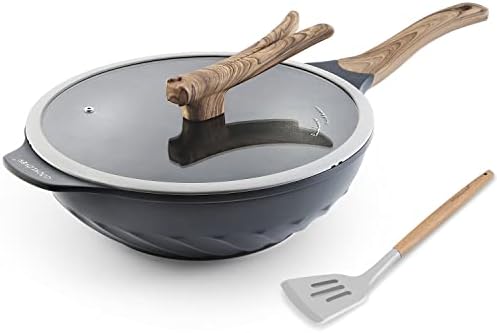 COOKLOVER Wok Nonstick Die-cast Aluminum Scratch Resistant PFOA Free Induction Woks And Stir Fry Pans with Glass Lid 12.6Inch - Slate Grey