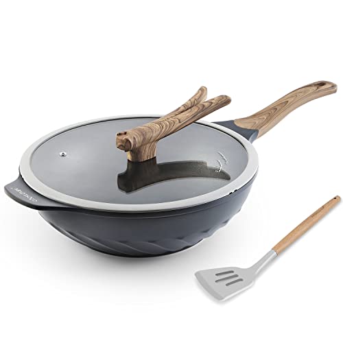 Cooklover Wok Nonstick Die-Cast Aluminum Scratch Resistant Pfoa Free Induction Woks And Stir Fry Pans With Glass Lid 12.6Inch - Slate Grey #TOP2