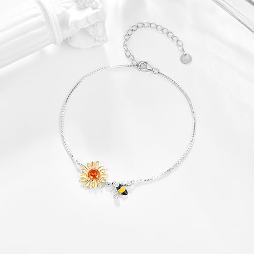 Dreamboat Gold Sunflower Bracelets for Women Bee Bracelet Cute Animal Bracelets Gold Flower Bracelet Adjustable Sterling Silver Bracelets Bee Jewelry Honey Bee Gifts2
