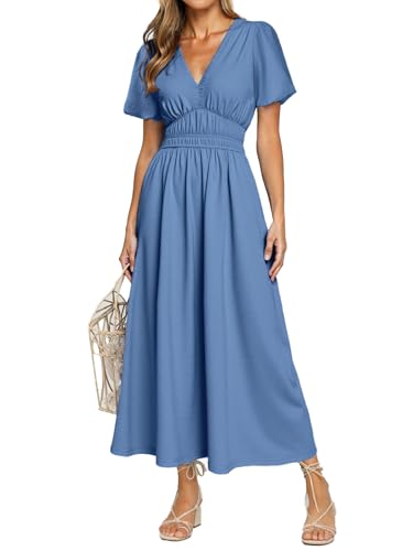 Image of Simplee Women's Summer Flowy Midi Dress Casual V Neck Short Sleeve Empire Waist Boho Beach Dress Wedding Guest Maxi Dress