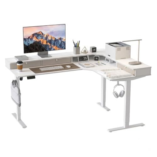 Image of CubiCubi 63x48 Inches L Shaped Standing Desk with 3 Drawers and Monitor Shelf, Height Adjustable Corner Computer Desk with Hooks, Sit Stand Up Ergonomic Home Office Workstation Table, Warm White