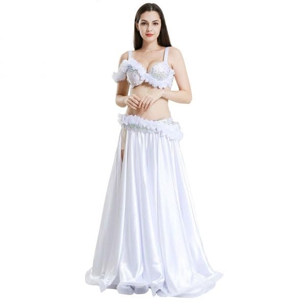 JRUIA Traje Profesional De Danza del Vientre para Mujer Trajes De Competición De Carnaval Conjunto De 3 Piezas De Top Sujetador Y Cinturón para Danza del Vientre Falda Larga,Blanca,M