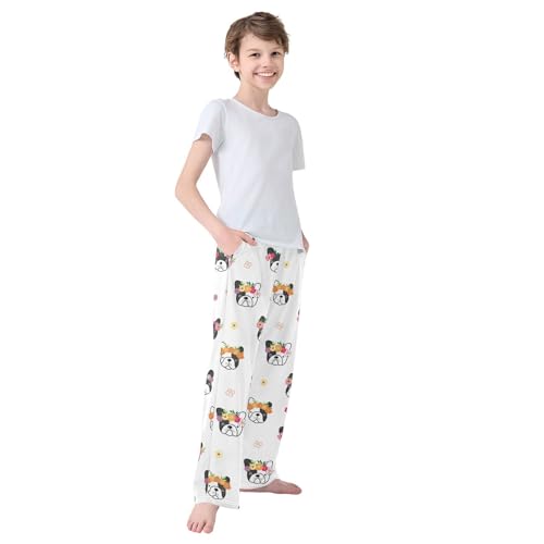 Boys' Pants Cartoon Bulldog Face Flower Cute Long Bottoms Jogger Pants Elastic Waist Trousers with Pockets S-XL4