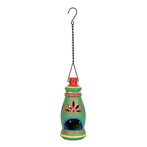 Image of AAKRITI ART CREATIONS Terracotta Green Handpainted Hanging Tea Light | Floral Art Handmade Decor | Matte Finish Terracotta Decorative Hanging Items for Home | Handpainted Decor