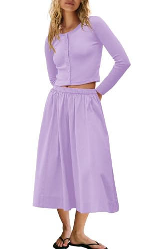 Image of Panadila Womens 2 Piece Lounge Sets Matching Vacation Outfits Ribbed Button Down Cardigan and Elastic Waist Skirt Sets (Lavender Purple,M)