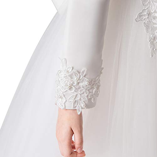 Amropi Flower Girl Dress Long Sleeves 3D Floral Embroidery Tulle Party Dresses + Crown White,5-6 Years thumb #4