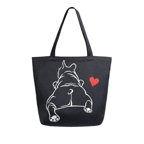ALAZA Funny Bulldog Puppy Dog French Large Canvas Tote Bag Reusable Grocery Shopping Bag with Handles, Heavy Duty, Washable