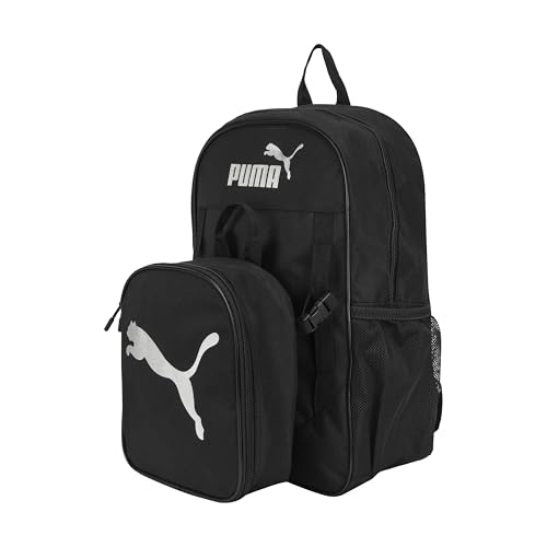 PUMA Combo de lancheira e mochila unissex infantil, preto/prata metálico, médio, Preto/prata metálica, Medium, Kit de almoço e mochila Colony