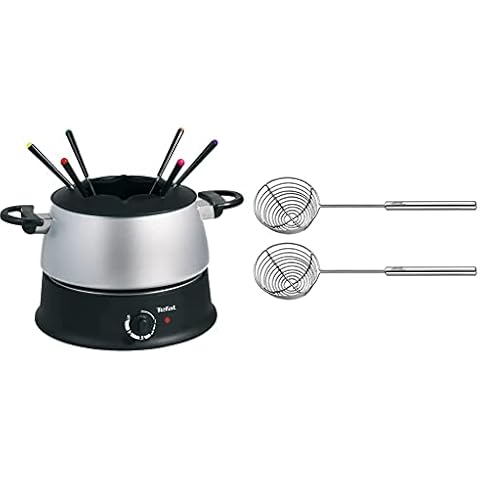 Tefal EF3000 Base Ronde Fondue | 1,200 Watt | Silber/Schwarz & Spring Fondue Siebchen | 2er Set | 24 cm | rostfreier Edelstahl | Fischfondue Körbchen | Fonduesieb Gemüse Cover