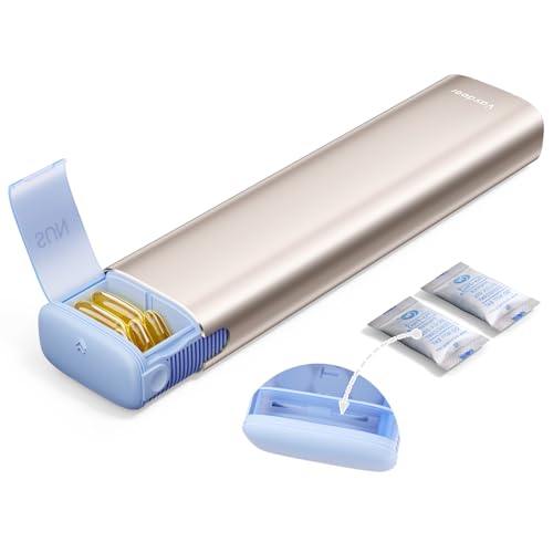 Image of VAYDEER Metal Weekly Pill Organizer - Moisture-Proof Travel Pill Organizer with Built-in Desiccant Chamber and Airtight Lids - Large-Capacity Pill Box for Vitamins, Medicines & Supplements (Champagne)