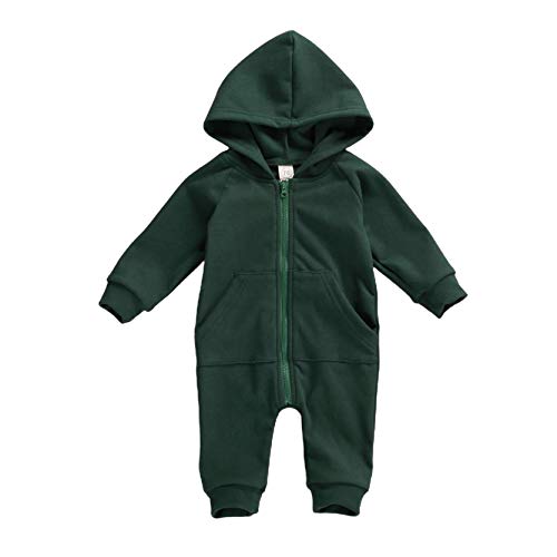 YUIQ Infant Baby Boy Girl Solid Color Long Sleeve Zipper Hooded Jumpsuit Romper Outfit Fall Winter Warm Clothes (Green, 12-18M)